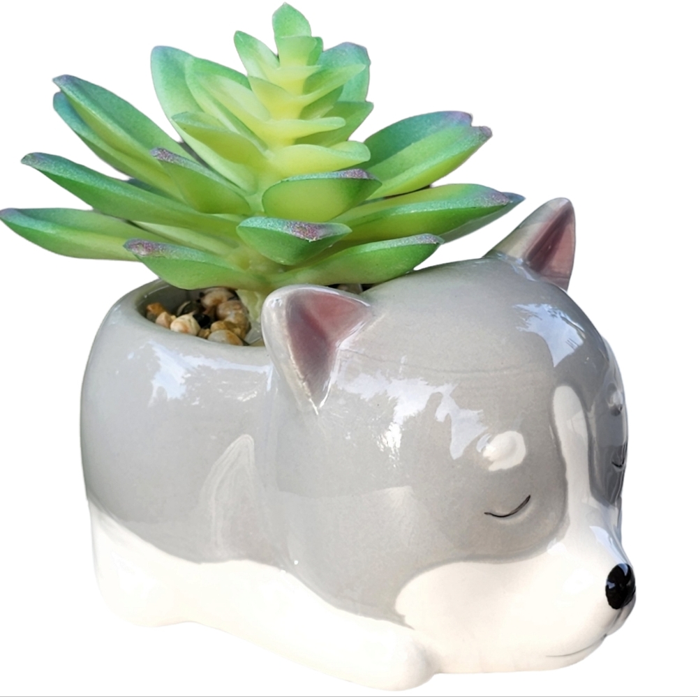 Flora Bunda Gray Puppy Ceramic Planter With Artificial Succulent Flower - Picture 5 of 10